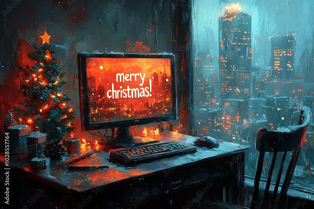 Merry christmas is written on the computer screen. The room is decorated with a Christmas tree and presents Merry christmas is written on the computer screen. The room is decorated with a Christmas tree and presents