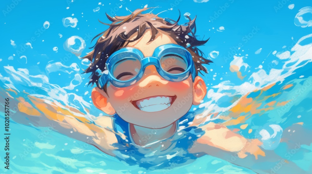Naklejka premium A cheerful child swimming underwater, wearing bright blue goggles, with an enthusiastic smile, symbolizing carefree childhood moments, fun, and innocence in the water.