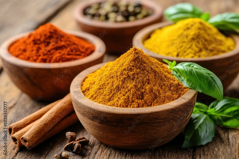A vibrant collection of colorful spices and herbs arranged in small rustic bowls, featuring cinnamon sticks, turmeric, chili powder, rosemary, and basil leaves, on a wooden background A vibrant collection of colorful spices and herbs arranged in small rustic bowls, featuring cinnamon sticks, turmeric, chili powder, rosemary, and basil leaves, on a wooden background
