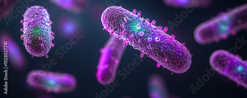 Microbes floating in space, vibrant purple and blue lighting on a dark background.