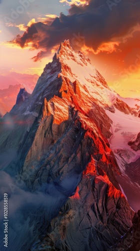 Impressive mountain ridge aglow with the warm tones of the sunrise sky, 4K hyperrealistic photo