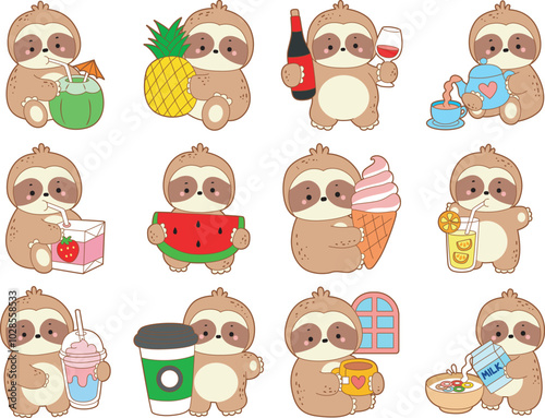 Twitch emote cute sloth vector icon. Funny baby sloth animal series stock illustration. Slow life of fluffy sloth designs.