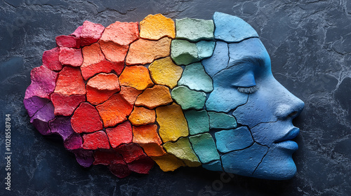 Human head made of multicolored stones on a dark background. photo