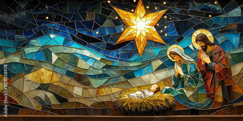 A bright star illuminating the night sky, shining over the manger scene with Mary, Joseph, and baby Jesus.