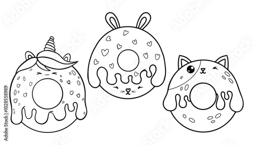 Cute outline donuts cartoon kawaii character unicorn, rabbit and cat with drops icing. isolated sweet food. Line drawing, coloring book. Vector illustration. Kids collection