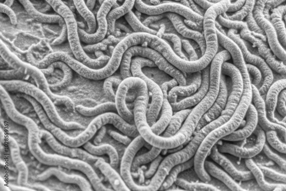 Microscopic Image of Nematodes Displaying Complex Intertwined Structures and Patterned Texture Microscopic Image of Nematodes Displaying Complex Intertwined Structures and Patterned Texture