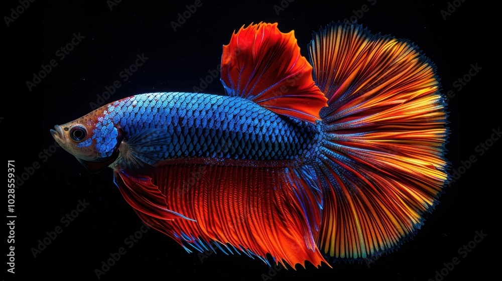 A vibrant betta fish with striking blue and red fins swimming gracefully. A vibrant betta fish with striking blue and red fins swimming gracefully.