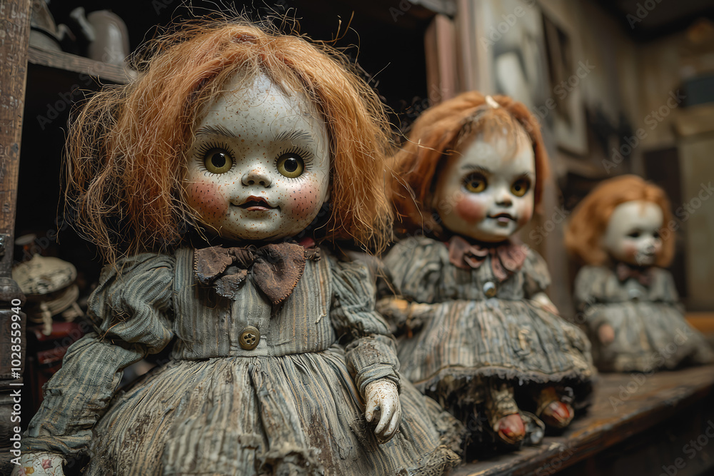 A haunted dollhouse where the dolls move by themselves and seem to watch the visitors is a spine-chilling Halloween story. Concept of fear. A haunted dollhouse where the dolls move by themselves and seem to watch the visitors is a spine-chilling Halloween story. Concept of fear.