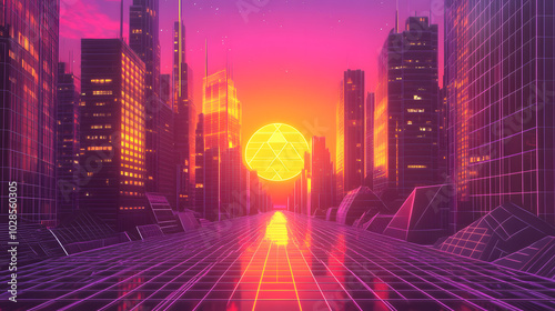 A Stunning Retro-Futuristic 80s Synthwave Cityscape with Neon Geometric Shapes Against a Purple Sunset Sky