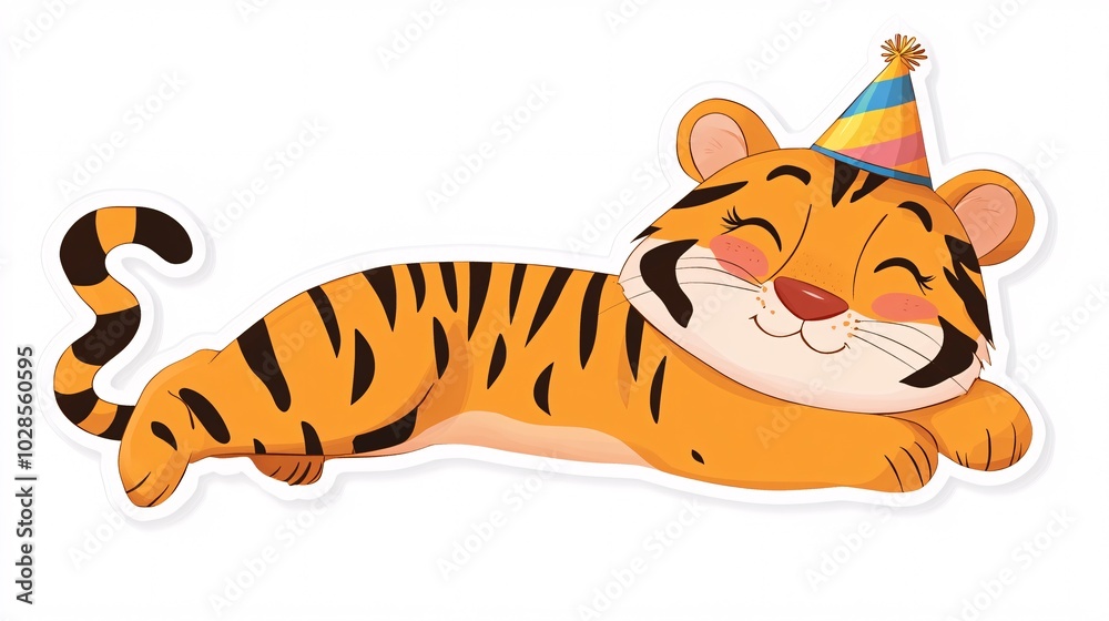 Cute Tiger with Party Hat Joyfully Smiling Cute Tiger with Party Hat Joyfully Smiling