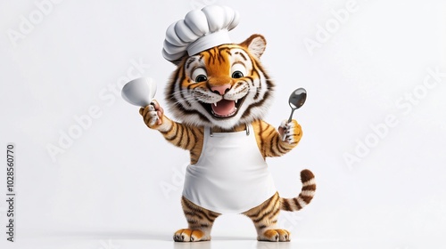 Cute Tiger Chef with Tiny Spoon and Chef Hat photo