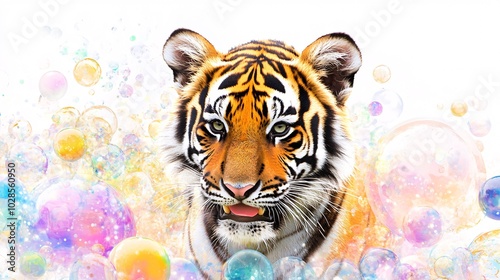 Cute Tiger Surrounded by Colorful Bubbles in Playful Scene