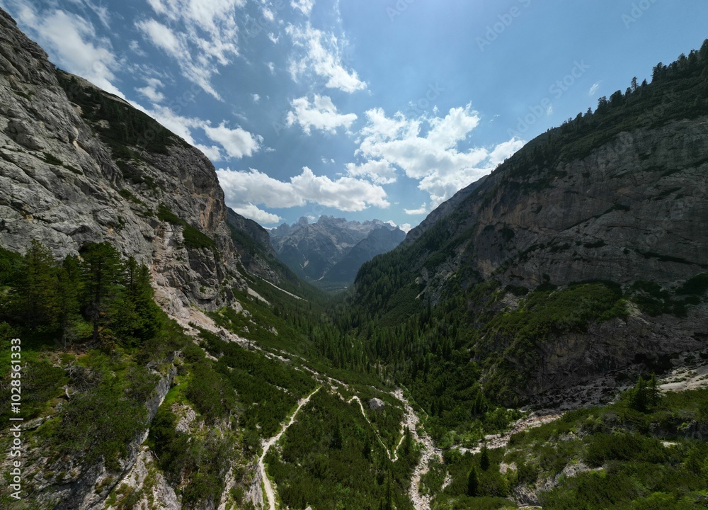 Obraz premium Lush green valley with rocky mountains and a partly cloudy sky