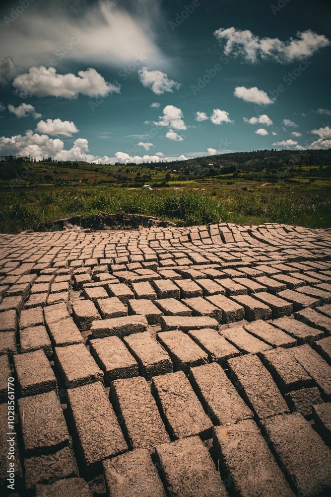 Fototapeta premium Clay bricks drying in a scenic field under a cloudy sky.