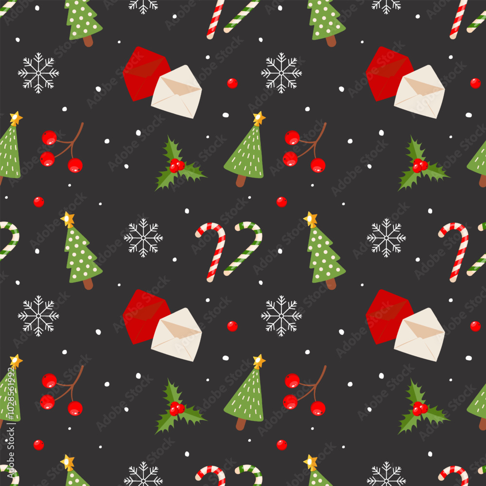 Seamless pattern with Christmas tree, candy cane, snowflakes, Seamless pattern with Christmas tree, candy cane, snowflakes,