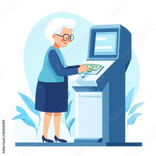 An elderly woman using an ATM machine to withdraw cash in a modern setting, representing financial independence.