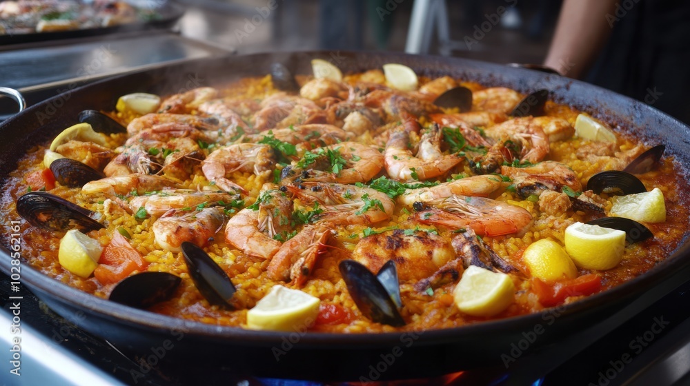 Steaming Seafood Paella with Shrimp, Mussels, and Lemon