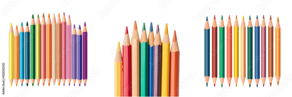 Colorful collection of pencils arranged in unique patterns, white isolate background., transparent background. Colorful collection of pencils arranged in unique patterns, white isolate background., transparent background.