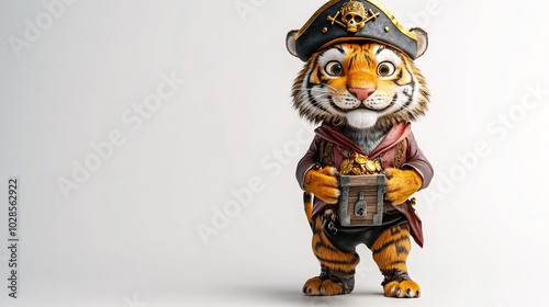 Cute Tiger in Pirate Costume with Treasure Chest