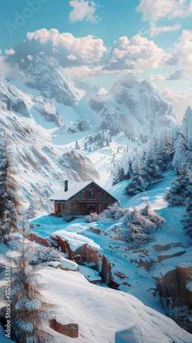 Cozy cabin nestled in a snowy mountain landscape, 4K hyperrealistic photo.