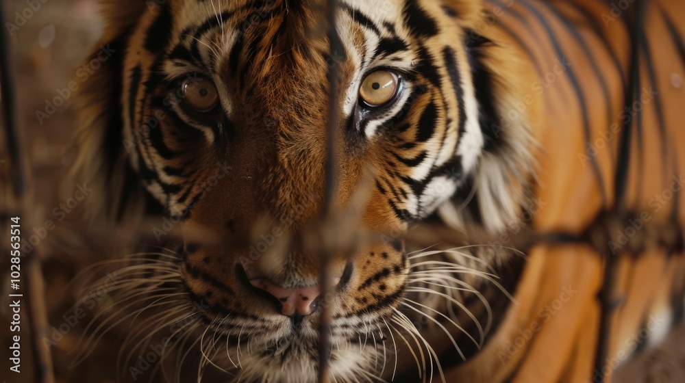 Fototapeta premium Tiger Behind Bars in Illegal Trade Scenario