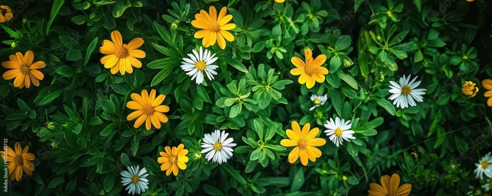 Close up of yellow and white flowers blooming in a green field.