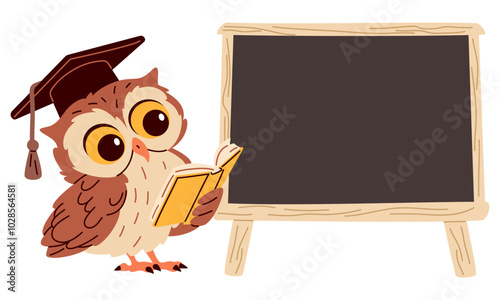 A cute owl with glasses stands next to the blackboard. A place for your text on the blackboard. Vector illustration in children's style . Vector illustration