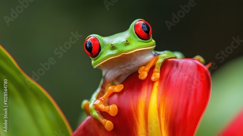 A vibrant red-eyed tree frog perched on a colorful flower petal.