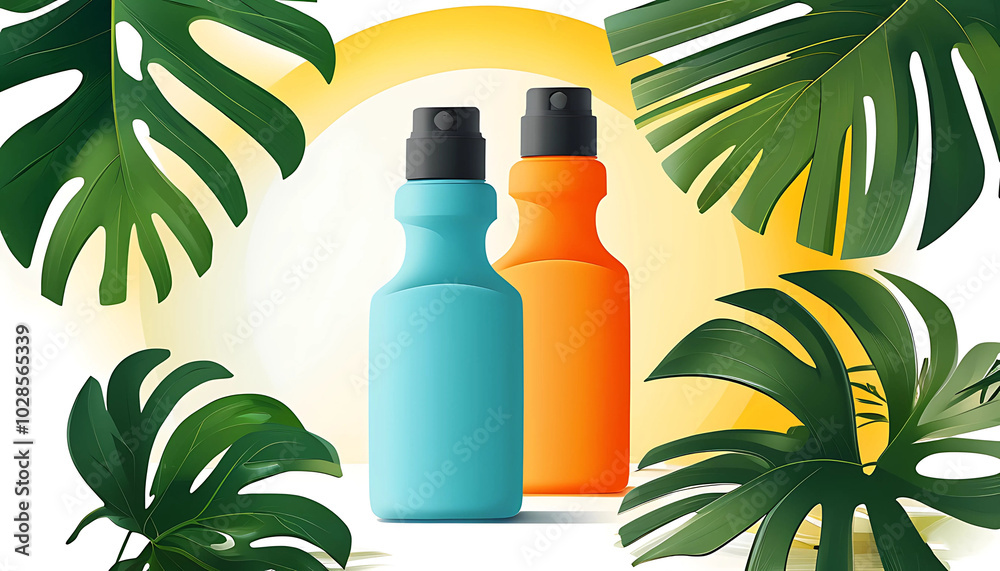 Colorful Bottles in Tropical Leaf Design Background