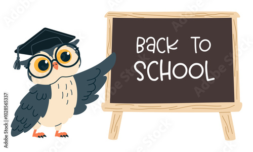 Flat vector illustration in children's style. Cute owl with glasses is pointing at a school blackboard, lettering back to school. Vector illustration