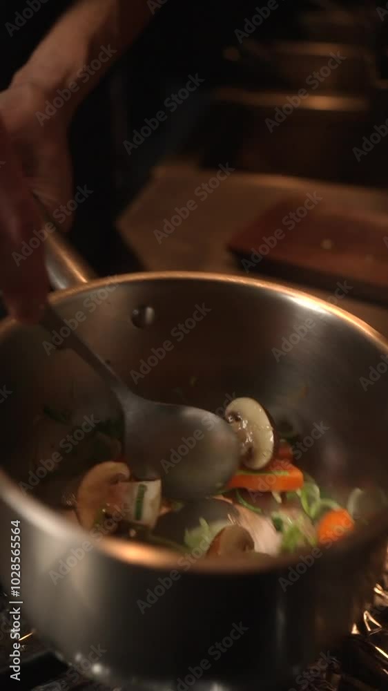 slow-motion of hands shaking the cooking pot and stirring the contains with spoon, over stove slow-motion of hands shaking the cooking pot and stirring the contains with spoon, over stove