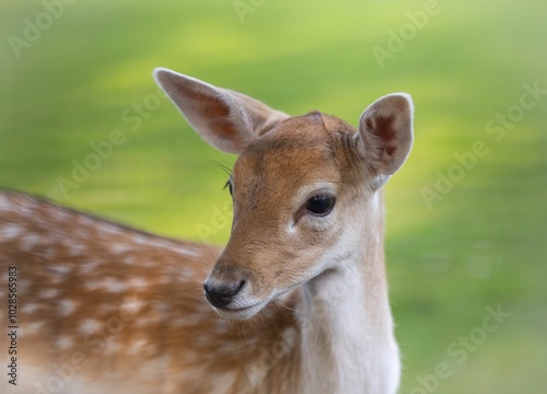 Close-up of a young deer with a blurred green background. photo