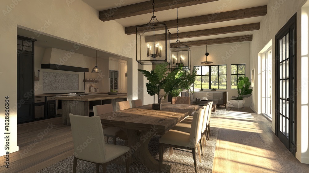 A Rustic Dining Room with Exposed Beams and Natural Light A Rustic Dining Room with Exposed Beams and Natural Light