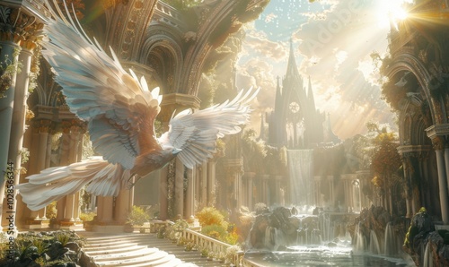 Celestial haven of shimmering wings and celestial palaces, bathed in eternal sunlight, 4K hyperrealistic photo photo