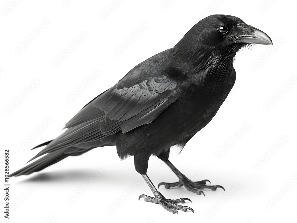 The crow is a medium to large-sized black bird known for its intelligence, adaptability, and distinctive cawing calls. Crow isolated on white background. The crow is a medium to large-sized black bird known for its intelligence, adaptability, and distinctive cawing calls. Crow isolated on white background.