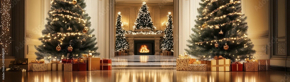 Two decorated Christmas trees flanking a fireplace with presents underneath. Two decorated Christmas trees flanking a fireplace with presents underneath.