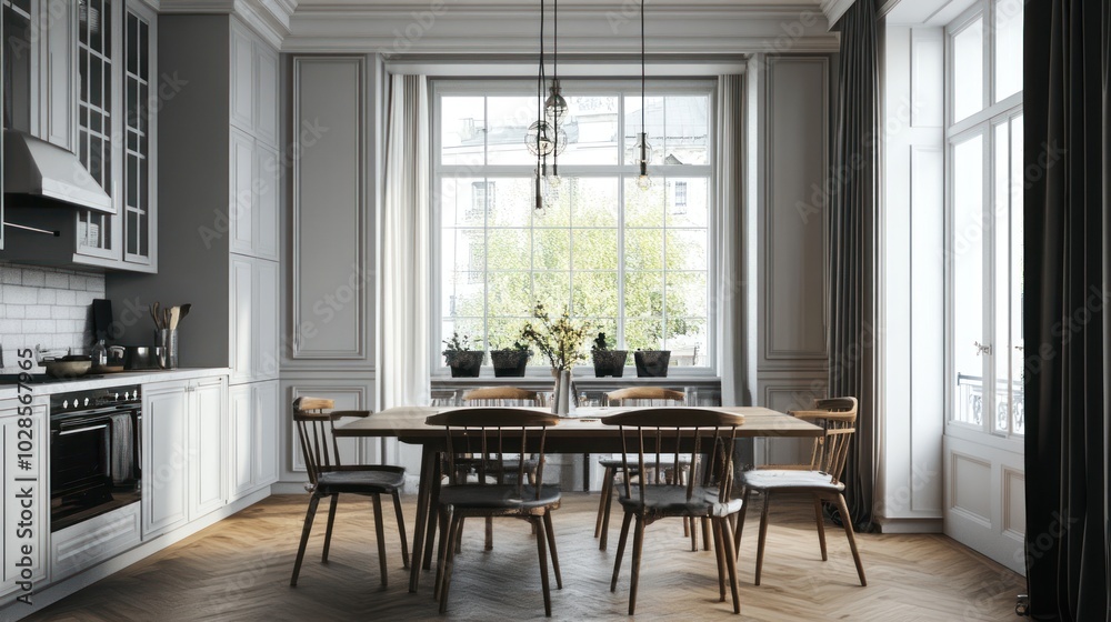 Modern Kitchen Dining Area with Large Windows and Wooden Floors Modern Kitchen Dining Area with Large Windows and Wooden Floors