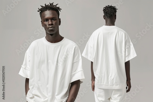 Oversized white T-shirt mockup front and back view on a model. photo