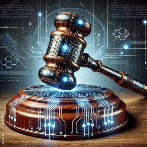 A futuristic gavel with glowing blue circuitry, symbolizing the merging of law and technology. photo