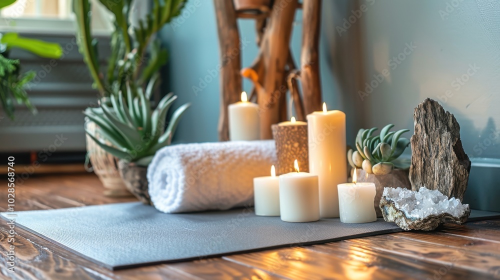 Tranquil Spa Setting with Candles and Natural Elements Tranquil Spa Setting with Candles and Natural Elements