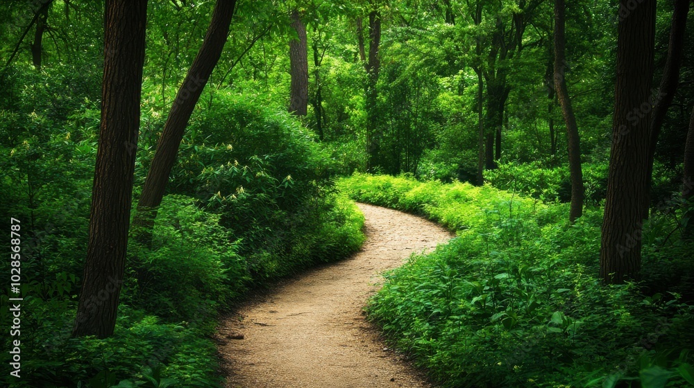 A winding path through a lush green forest, inviting exploration and connection with nature. A winding path through a lush green forest, inviting exploration and connection with nature.