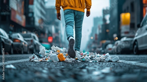 Person walking through littered urban street, highlighting pollution and waste issues.