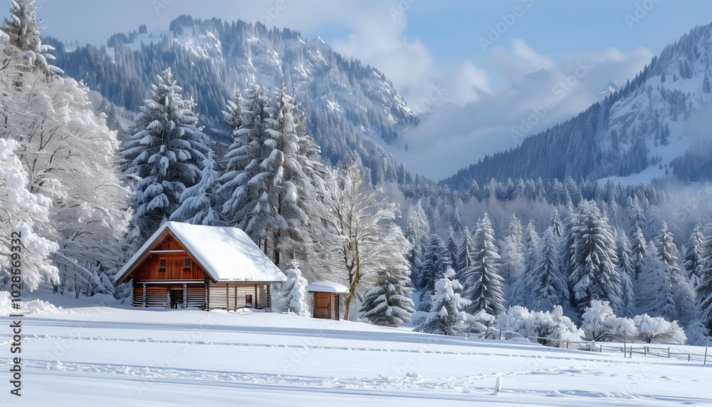 Petit chalet isolé en bois dans un paysage hivernal avec beaucoup de neige Petit chalet isolé en bois dans un paysage hivernal avec beaucoup de neige