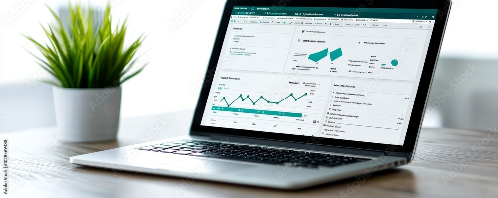 Close-up of a laptop displaying analytical data, charts, and a small plant on a desk, representing productivity and modern workspace. Close-up of a laptop displaying analytical data, charts, and a small plant on a desk, representing productivity and modern workspace.