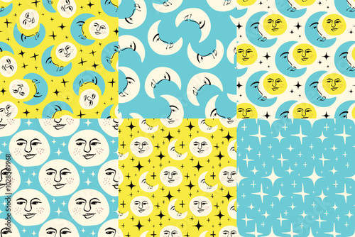 Sun and moon pattern. Freaky quirky pattern with sun and moon. illustration in doodle style