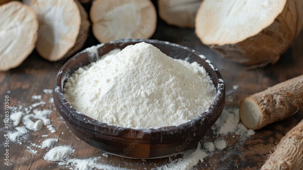 Fototapeta premium Cassava root flour gluten free on wooden bowl for healthy bread