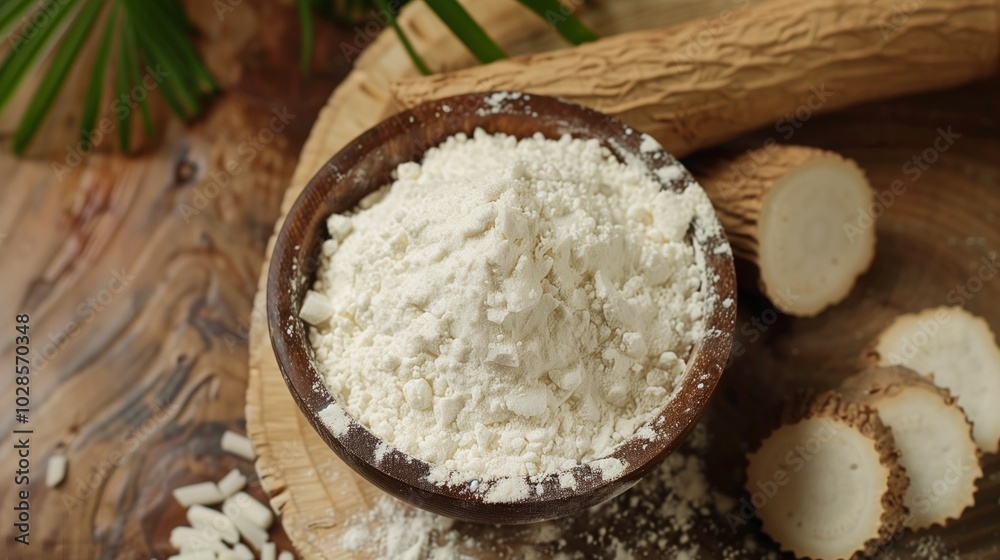 Cassava root flour gluten free on wooden bowl for healthy bread Cassava root flour gluten free on wooden bowl for healthy bread