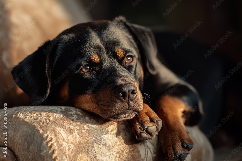 A relaxed Rottweiler lays on a plush couch in soft afternoon light, enjoying a moment of tranquility in a cozy living space A relaxed Rottweiler lays on a plush couch in soft afternoon light, enjoying a moment of tranquility in a cozy living space