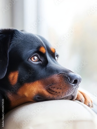 A thoughtful Rottweiler gazes out the window on a quiet afternoon, reflecting on the world beyond