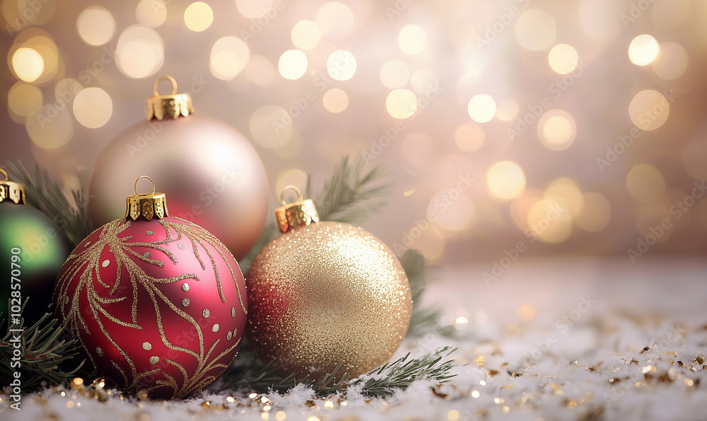 Pink and Gold Christmas background with balls, snowy tree, glitter and snowflakes. Bokeh lights. Pink and Gold Christmas background with balls, snowy tree, glitter and snowflakes. Bokeh lights.